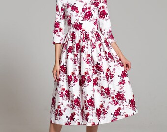 100% cotton dress, midi dress floral, white dress, casual summer dress, printed dress, vacation dress, elegant dress, summer midi dress