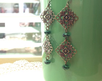 Earrings, Antiqued brass and Czech green glass long dangle earrings, dangle earrings