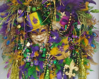 XXL Mardi Gras wreath, Fat Tuesday, Huge, door wreath, handmade wreath, Fleur De Lis, Masquerade New Orleans