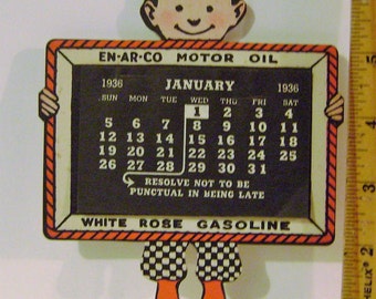 Vintage 1936 En Ar Co Oil Cardboard Die Cut Calendar