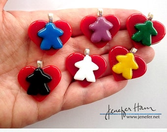 MEEPLE on a heart! super cute meeple glass necklace made by Jenefer Ham
