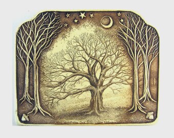 Oak tree acorns half moon bird squirrel nature wall plaque by Moosup