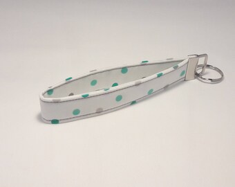 White with Teal / Turquoise / Aqua and Grey / Gray Polka Dot Fabric Keychain / Wristlet / Key Fob