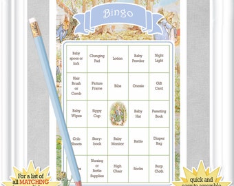 36 card BABY BINGO game with a childhood favorite - Peter Rabbit, pre-populated Baby Shower cards, no DUPLICATES, vintage theme, 80BA
