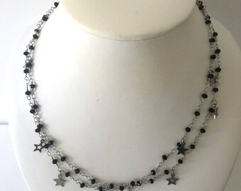 Rosary beads necklace, black necklace, stars necklace, long necklace, unbreakable rosaries chain