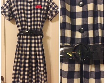 Vintage Willi Of California 100% Cotton Belted Dress, Retro Navy And White Checker Dress By Willi Of California.
