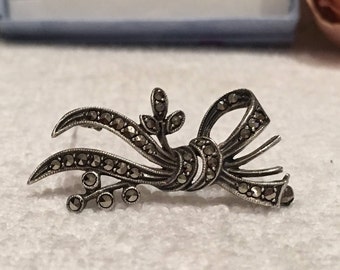 Delightful Vintage Art Deco 1940's Sterling Silver and MARCASITE Brooch/Pin-FLORAL Spray and BOW Design-Simple & Elegant-Lots of Sparkle