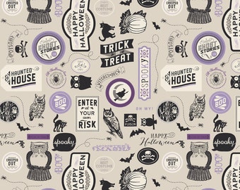 Gray Halloween Fabric, Riley Blake Happy Haunting C4672 Purple, Deena Rutter, Halloween Words Collage Fabric, 100% Cotton