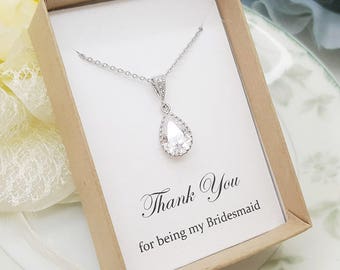 Teardrop Crystal Bridesmaid Necklace,Bridesmaid Jewelry Gift, Bridesmaid Necklace Gift