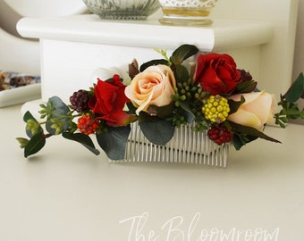 Flower comb, Red rose, Berries, Peach rose, Silk flower hair comb, Bridal hair comb, Gift for her, Wedding flower comb, Hair accessories