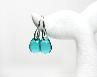 Mermaid tears jewelry Teal drop earrings Mermaid earrings Sterling silver dangle earrings Teal glass beach jewelry by MayaHoney