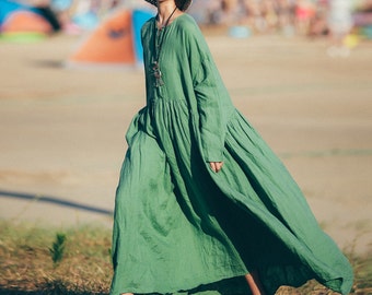 Green linen dress long sleeve tunic dress long winter autumn dress pleated dress linen maxi dress loose cotton blouse plus size clothing