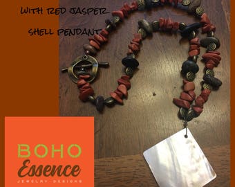 Boho Genuine Red jasper with Himalayan Riverstone and shell pendant