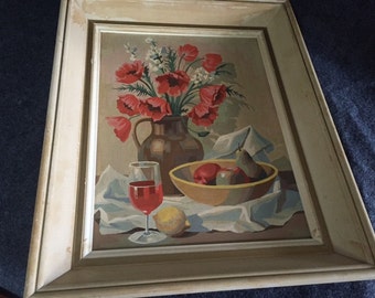 Vintage paint-by-number still life flowers and wine glass