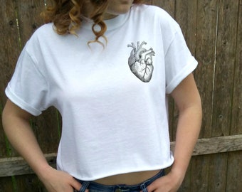 ANATOMICAL HEART pocket t-shirt print graphic shirt tee women tumblr pinterest instagram Tee Shirt gray or white, crop tee, crop top.