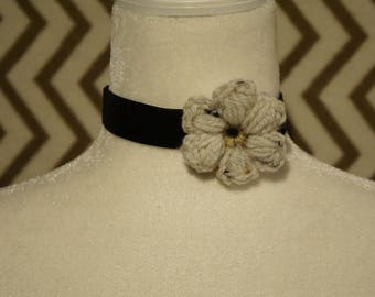 Black Velvet Choker with White Crochet Flower