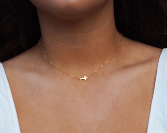 Tiny Gold Cross Necklace, Sideways Cross Necklace, Sterling Silver Cross Necklace, Gold Cross Necklace, Rose Gold Cross Necklace