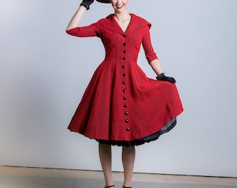 1950's Gigi Young Dress 50's New Look Day Dress Full Skirt Sailor Collar Red and Black Dress