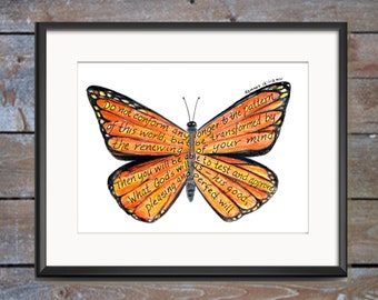 Bible Verse art print, scripture design, hand lettered typography, wall art decor, Butterfly