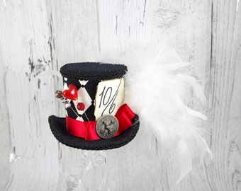 Queen of Hearts - Black, White, and Red Harlequin Medium Mini Top Hat Fascinator, Alice in Wonderland, Mad Hatter Tea Party, Derby Hat