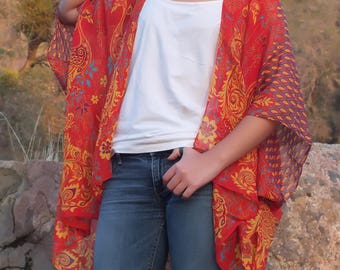 RED Gold Peacocks Floral Print Boho Tunic Swimsuit Cover Sheer Duster Fabric Caftan Kimono Top Cardigan Onesize SML Plus Size