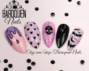 Creepy Cute Pastel Goth Press On Nails | Kawaii Grunge Nail Art "Bubblegum" Pink | Purple | Fake Nails | False Nails | Skull | Glue On Nails