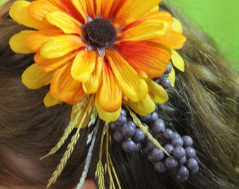 Burnt Orange Colored Flower clip with Purple Berries and Wheat Spray "Janet"