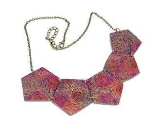 Polymer Clay Necklace - Jewelry - Rose - Raspberry - Gold- Shimmer