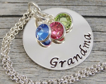Ready to ship - Hand Stamped Jewelry - Personalized Jewelry - Grandma Necklace - Sterling Silver Necklace - Three Birthstones