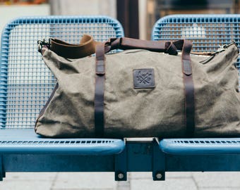 Waxed Canvas Holdall / Holdall/ Brown Leather Holdall Bag / Waxed Travelling Holdall Bags / Moss Duffel Leather Bag / Vintage Holdall Bags