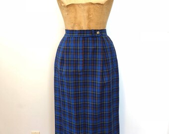 Pendleton Originals Blue Plaid Skirt / Vintage 60s Long Skirt / 1960's Long Pencil Skirt with Pockets / Fall or Winter Wool Skirt