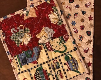 Two Christmas mug rugs. Quilted mug rugs, coasters, 7" x 9"