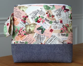 Knitting Tote - Crochet Project Bag - Knitting Project Bag - Yarn Bag - Craft Bag - Vintage Postcard Design