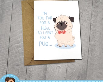 I miss You Pug Card, Approximately 5 x 7 Blank Card with Kraft Envelope, Animal and Dog Illustration, Red and Yellow color Theme, Love Card