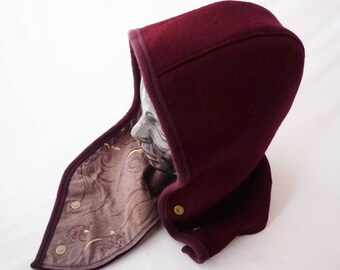 Hooded Scarf, Hooded Cowl, Ruby Red, Boiled Wool, Cotton Lining, Festival Hood, Winter Hood, Women's Hats, Cozy Hat, Warm Hat, Gift for Her