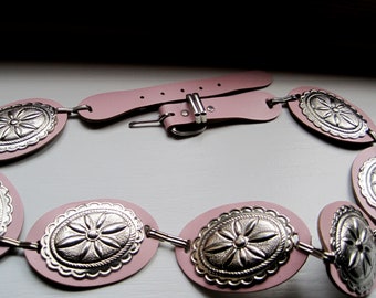 VINTAGE PINK Leather CONCHO Belt Old West Cowgirl Western