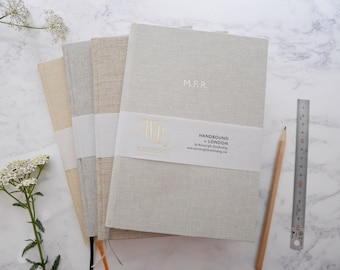 Personalised linen notebook foil-blocked in white // 4 natural linens & marker ribbons to choose from
