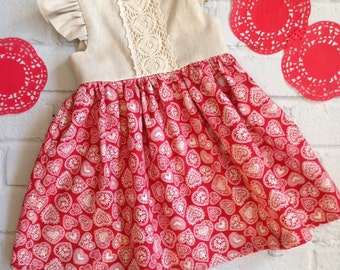 Girls Christmas Dress, Linen Lace Dress, Girls Scandinavian Dress, Red Baby Dress, Linen Christmas Dress, Vintage Style Dress Holiday Dress