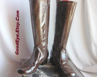 Vintage Brown Patent Leather GoGo Boots / size 4 Eur 35 UK 2 / NINA Flat Knee Boot w Side Zipper 60s 70s
