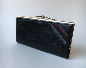 Buttery black goatskin leather vintage kisslock wallet Tilley Canada snakeskin detail grey burgundy