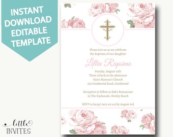 Baptism invitation girl/baptism invitation instant download/baptism invitations girl/floral christening invitation/Editable template-Lillia