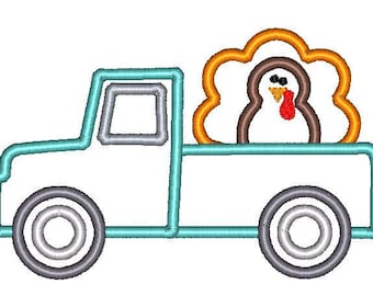 Thanksgiving Turkey Truck Applique Embroidery Design 5x7 6x10 8x8 8x12