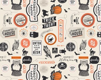 Happy Haunting Halloween Fabric, Riley Blake C4672 Cream, Deena Rutter, Halloween Words Collage Fabric, Cotton Fabric for Halloween