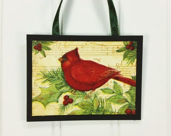 Red Cardinal Ornament, Winter Wild Bird on Branch Handmade Christmas Decor