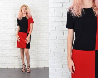 Vintage 80s Red + Black Retro Dress Color Block Geometric Mini Small S 10498