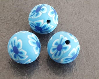 flowers, floral, blue beads, fimo beads, 6 polymer clay beads, round blue beads, beads 12 mm flower