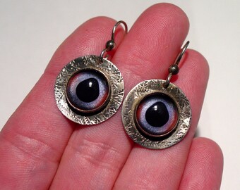 Brutalist Studio Chased Sterling Silver Glass TAXIDERMY EYE Eyeball Pierced Dangle Earrings