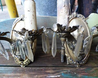 2 antique Light wall Sconces w/ prisms Nouveau Victorian restoration salvage matching set SalvageRelics