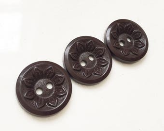 nos vintage chocolate brown buttons with sunflower design--matching lot of 3