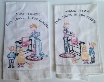 Vintage White Pique Hand Embroidered Tea Towels 17 x 22